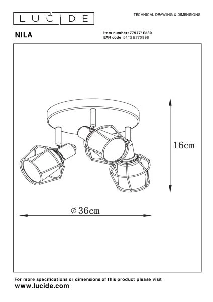 Lucide NILA - Spot plafond - Ø 36 cm - 3xE14 - Noir - technique